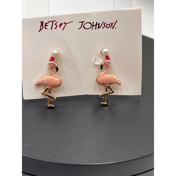 Betsey Johnson Red Hat Santa Flamingo Stud Earrings, PINK, 373135GLD650 New - Picture 5 of 7